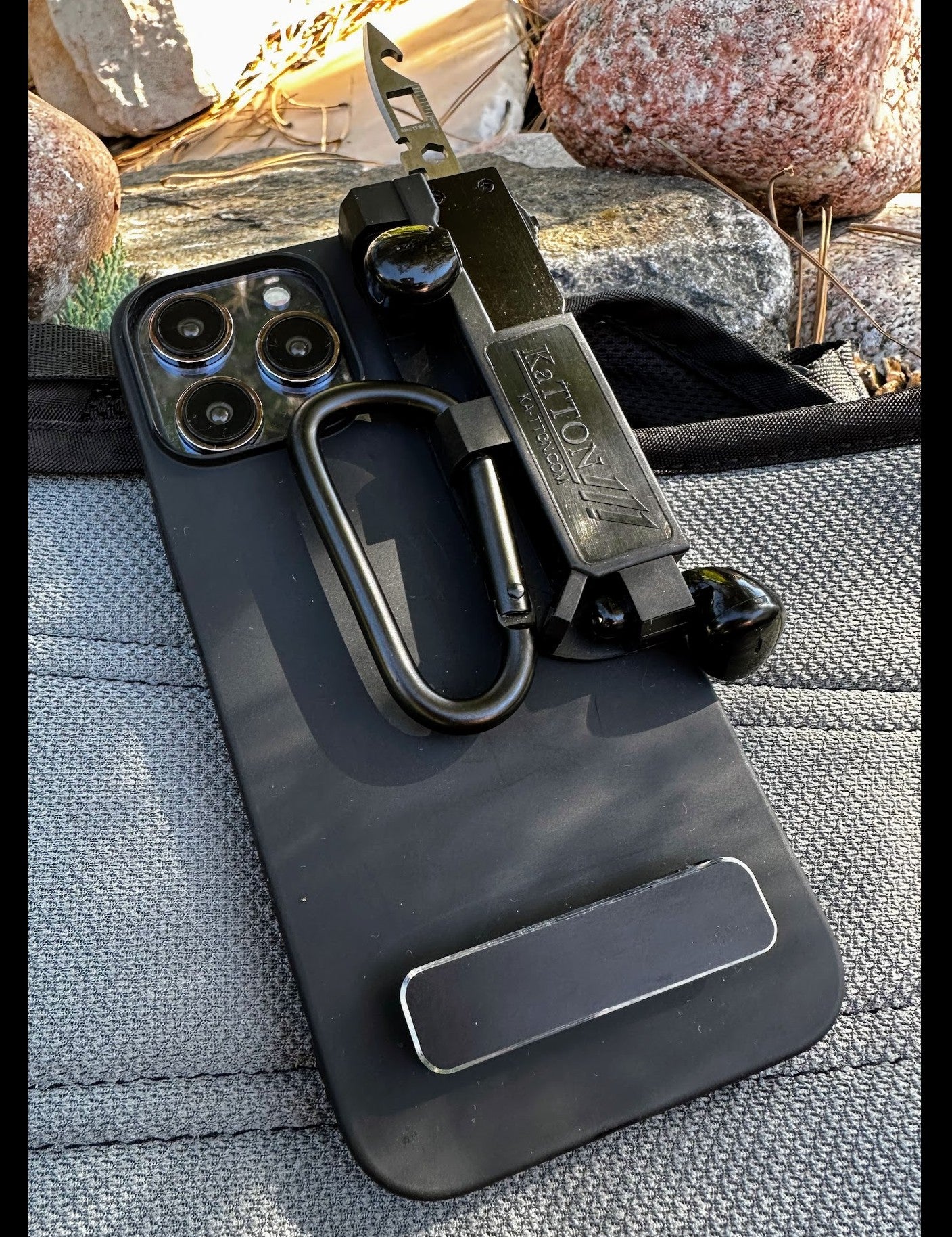 KaTTON phone case Compatible with iPhone 13 Pro Max, Multitool Phone Case holder for Removable Multi-Tool or USB, Air Tag Holder, Kickstand, Carabiner Finger Holder, Finger Loop & Air Pod holders Ka-TTON