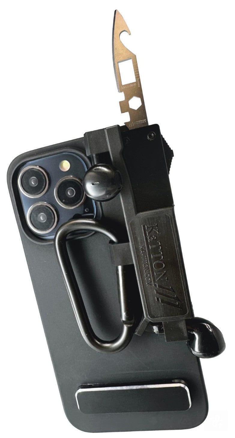 KaTTON Phone case Compatible with iPhone 14 Pro Max, Multitool Phone Case Holder for Removable Multi-Tool or USB, Air Tag Holder, Kickstand, Carabiner Finger Holder, Finger Loop & Air Pod Holders Ka-TTON