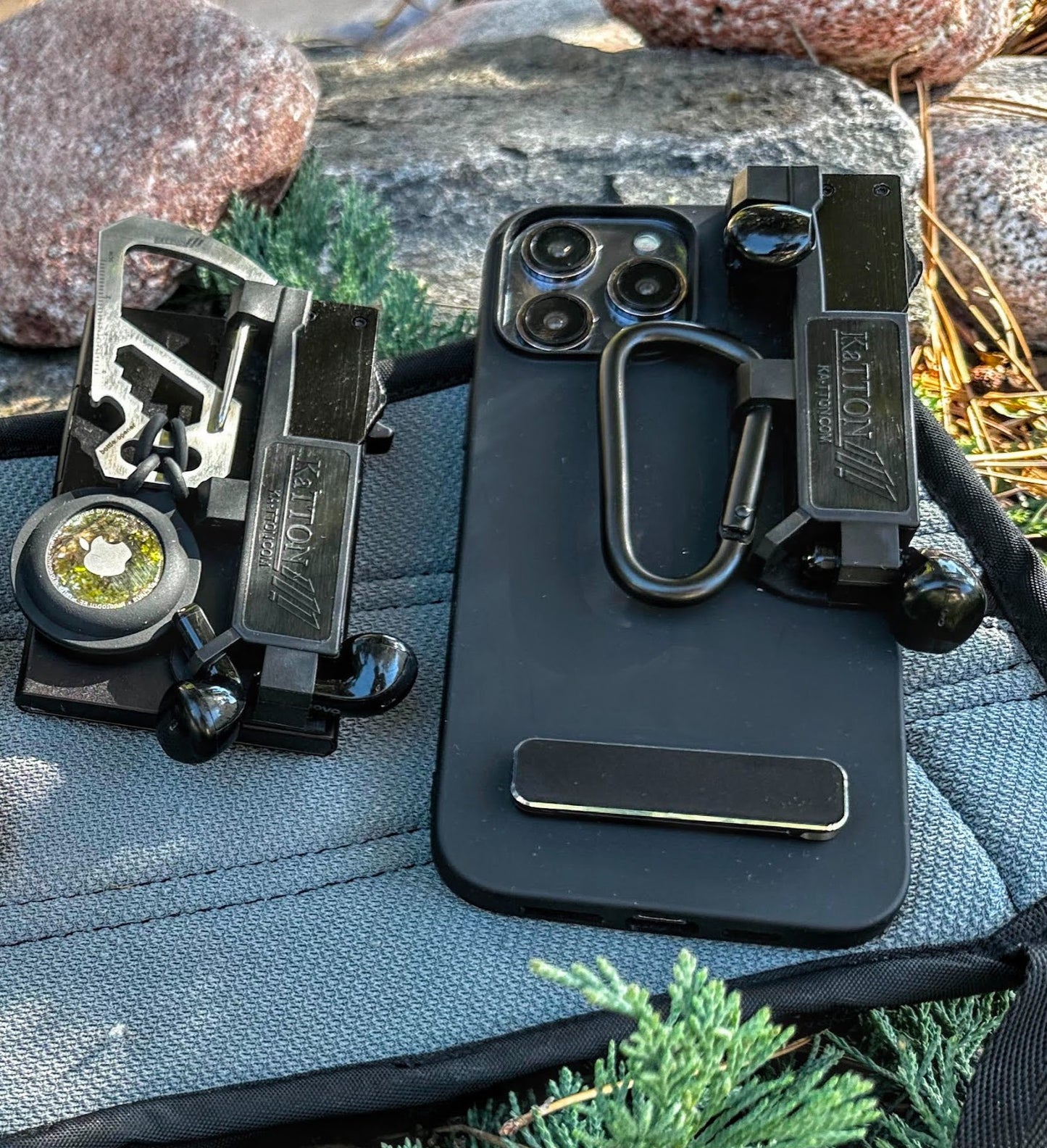 KaTTON Phone case Compatible with iPhone 13, Multitool Phone Case Holder for Removable Multi-Tool or USB Drive, Air Tag Holder, Kickstand, Carabiner Finger Holder, Finger Loop & Air Pod Holders Ka-TTON