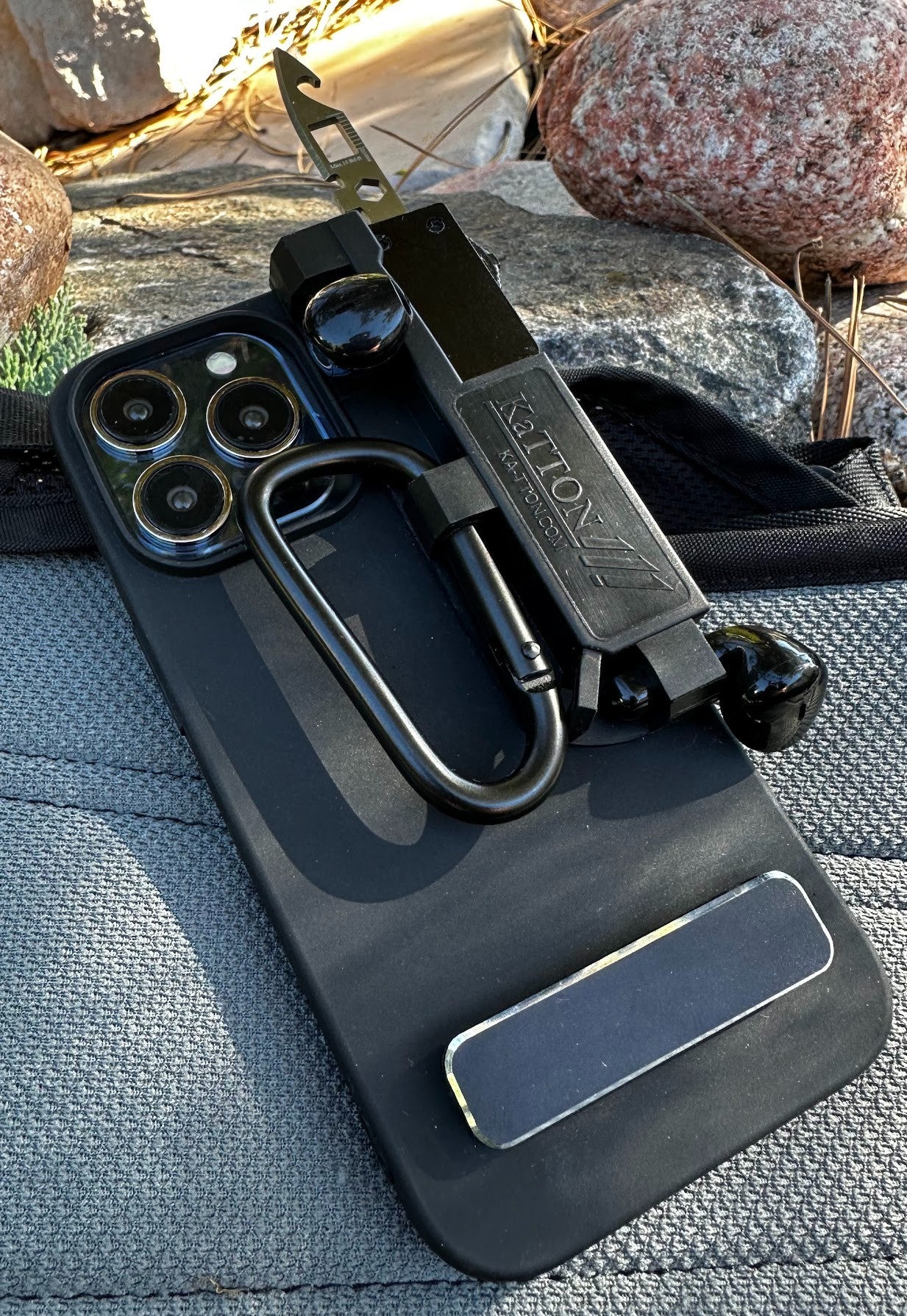 KaTTON phone case Compatible with iPhone 13 Pro Max, Multitool Phone Case holder for Removable Multi-Tool or USB, Air Tag Holder, Kickstand, Carabiner Finger Holder, Finger Loop & Air Pod holders Ka-TTON