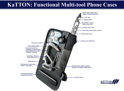 KaTTON Phone case Compatible with iPhone 14, Multitool Phone Case Holder for Removable Multi-Tool or USB Drive, Air Tag Holder, Kickstand, Carabiner Finger Holder, Finger Loop & Air Pod Holders Ka-TTON