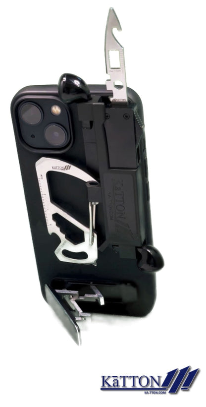 KaTTON Phone case Compatible with iPhone 14, Multitool Phone Case Holder for Removable Multi-Tool or USB Drive, Air Tag Holder, Kickstand, Carabiner Finger Holder, Finger Loop & Air Pod Holders