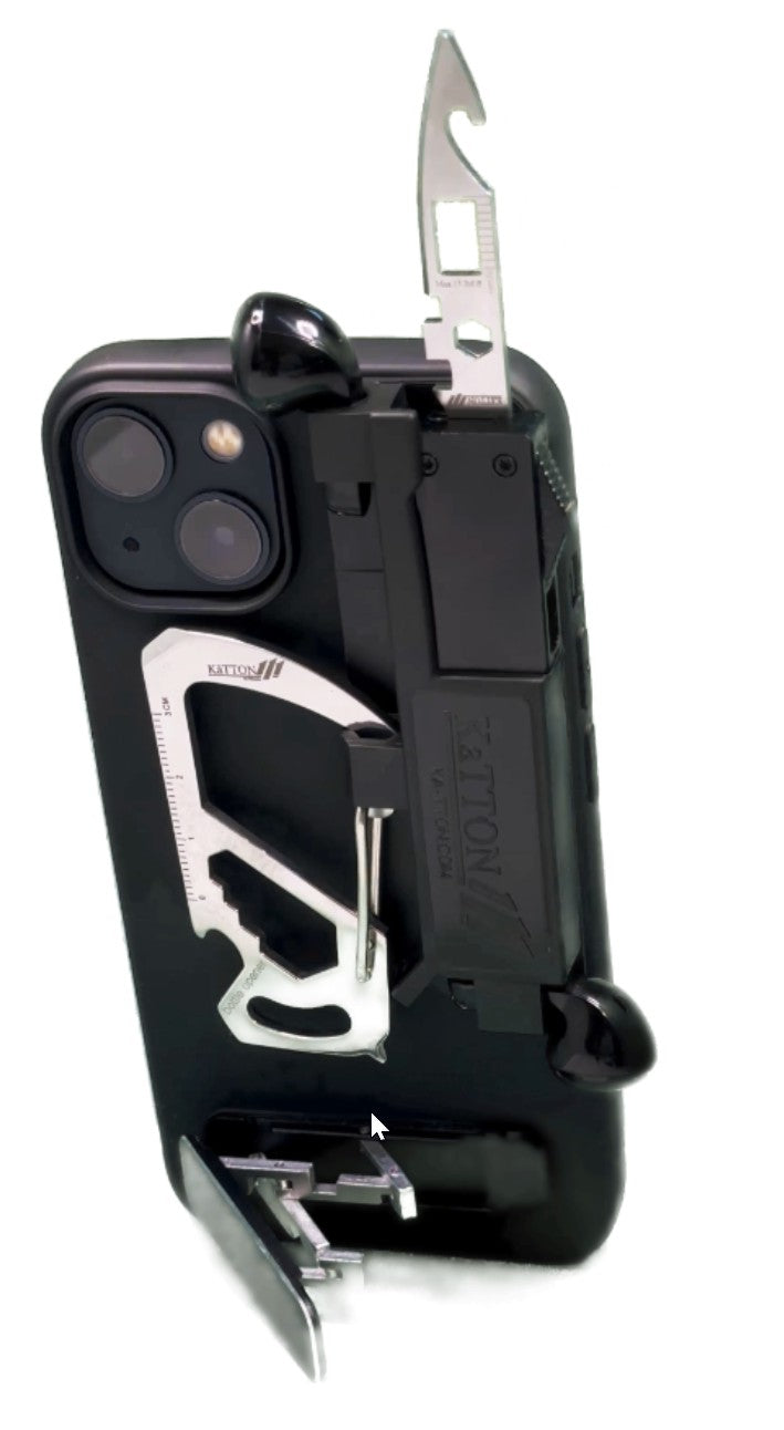 KaTTON Phone case Compatible with iPhone 14 Pro, Multitool Phone Case Holder for Removable Multi-Tool or USB Drive, Air Tag Holder, Kickstand, Carabiner Finger Holder, Finger Loop & Air Pod Holders Ka-TTON