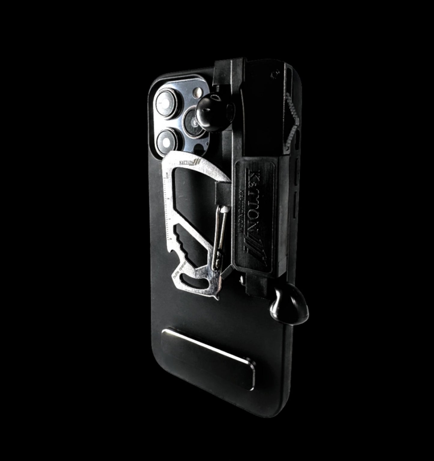 KaTTON Phone case Compatible with iPhone 14 Pro, Multitool Phone Case Holder for Removable Multi-Tool or USB Drive, Air Tag Holder, Kickstand, Carabiner Finger Holder, Finger Loop & Air Pod Holders
