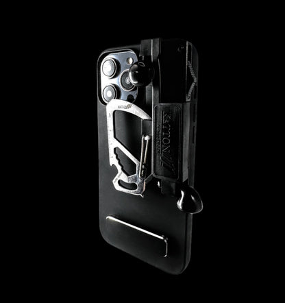 KaTTON Phone case Compatible with iPhone 14 Pro, Multitool Phone Case Holder for Removable Multi-Tool or USB Drive, Air Tag Holder, Kickstand, Carabiner Finger Holder, Finger Loop & Air Pod Holders